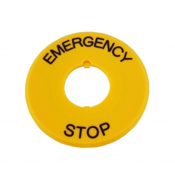 Tabliczka żółta średnica 44mm,otwór 16mm z opisem EMERGENCY STOP, HAAV-27